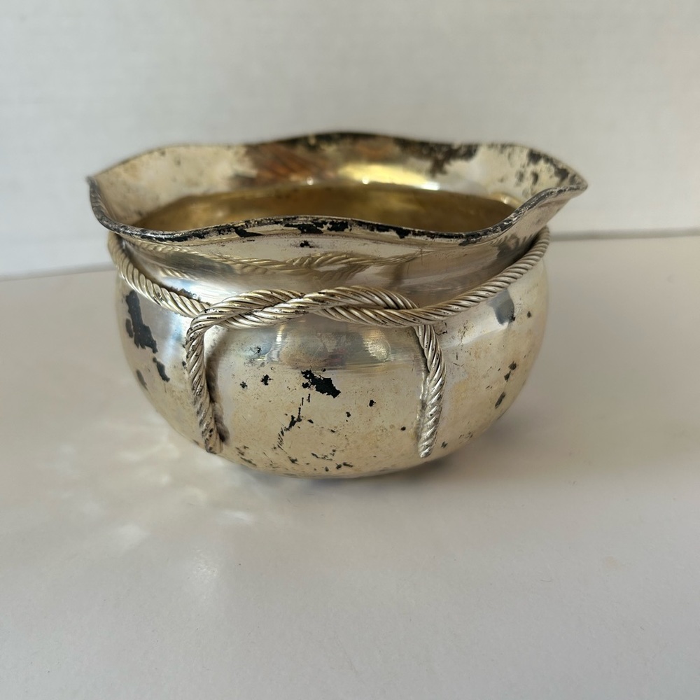 Antique Silver Washed Brass Peen Bowl Cinch Coin Purse Rope Design Money Sack